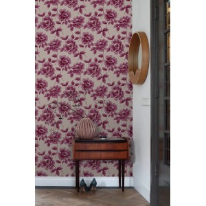 ESTAhome Tapete Aquarell Gemalte Rosen Aubergineviolett Und Taupe 53 Cm X 1005 Cm 128017