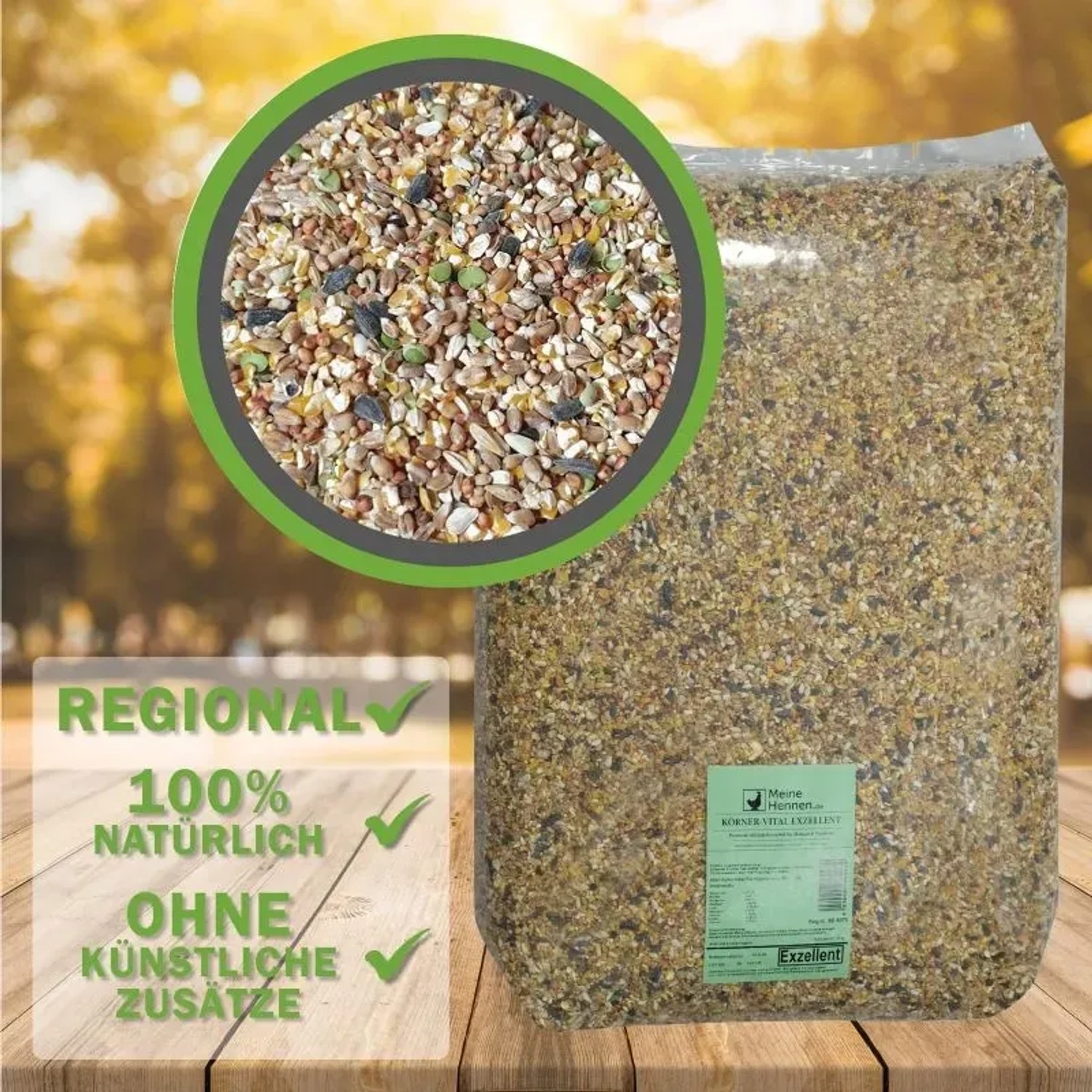 MeineHennen KÖRNER VITAL EXZELLENT Hühnerfutter 15kg Sack mit Getreide und Saaten.