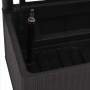 Detailaufnahme: Anthrazitfarbenes Hochbeet mit Spalier und Wasserstandsanzeige.