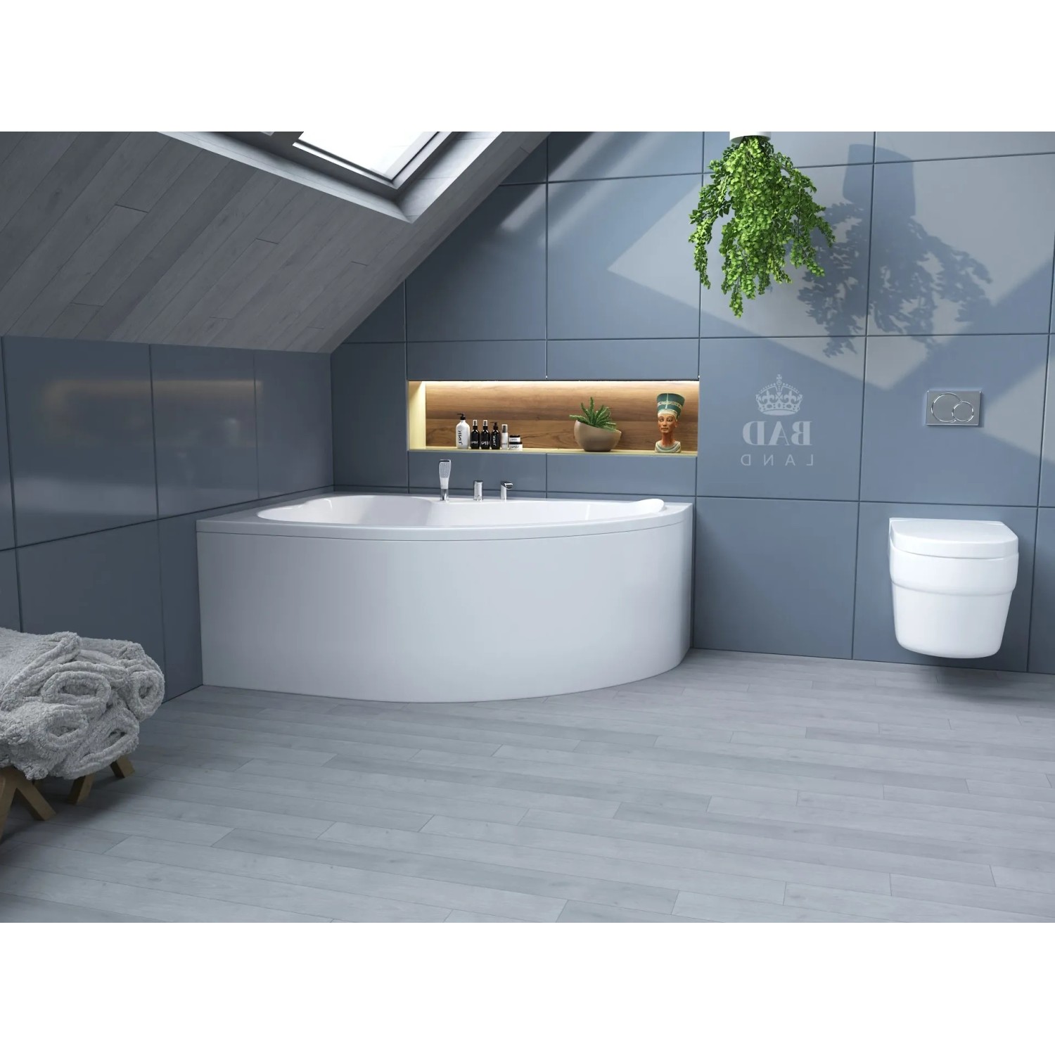 Weiße Bad Land Eckbadewanne MEGA 160x105 links mit Acrylschürze und Ablauf im modernen Bad.