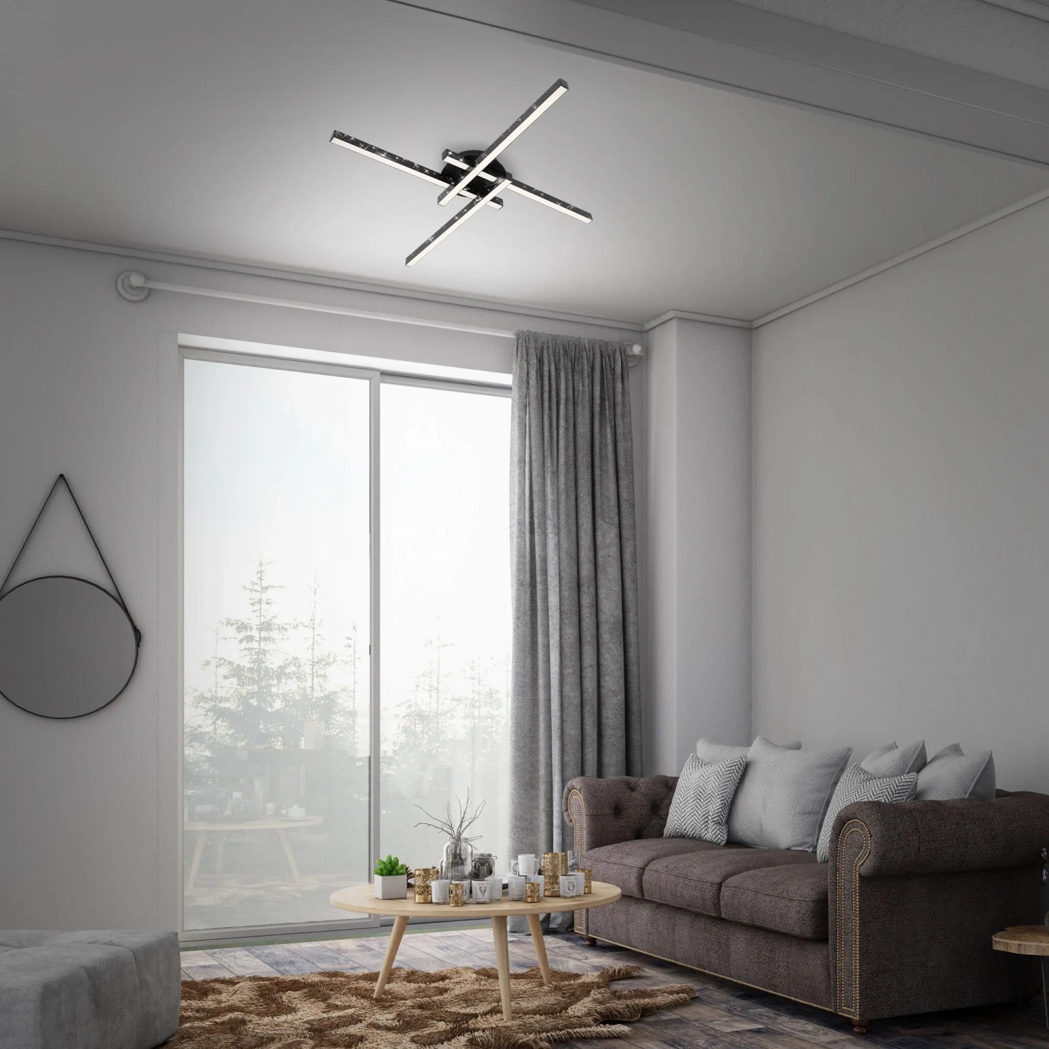 Moderne Brilo LED-Deckenleuchte Rey, 4-flammig, schwarz, mit Glitzereffekt im Wohnzimmer.