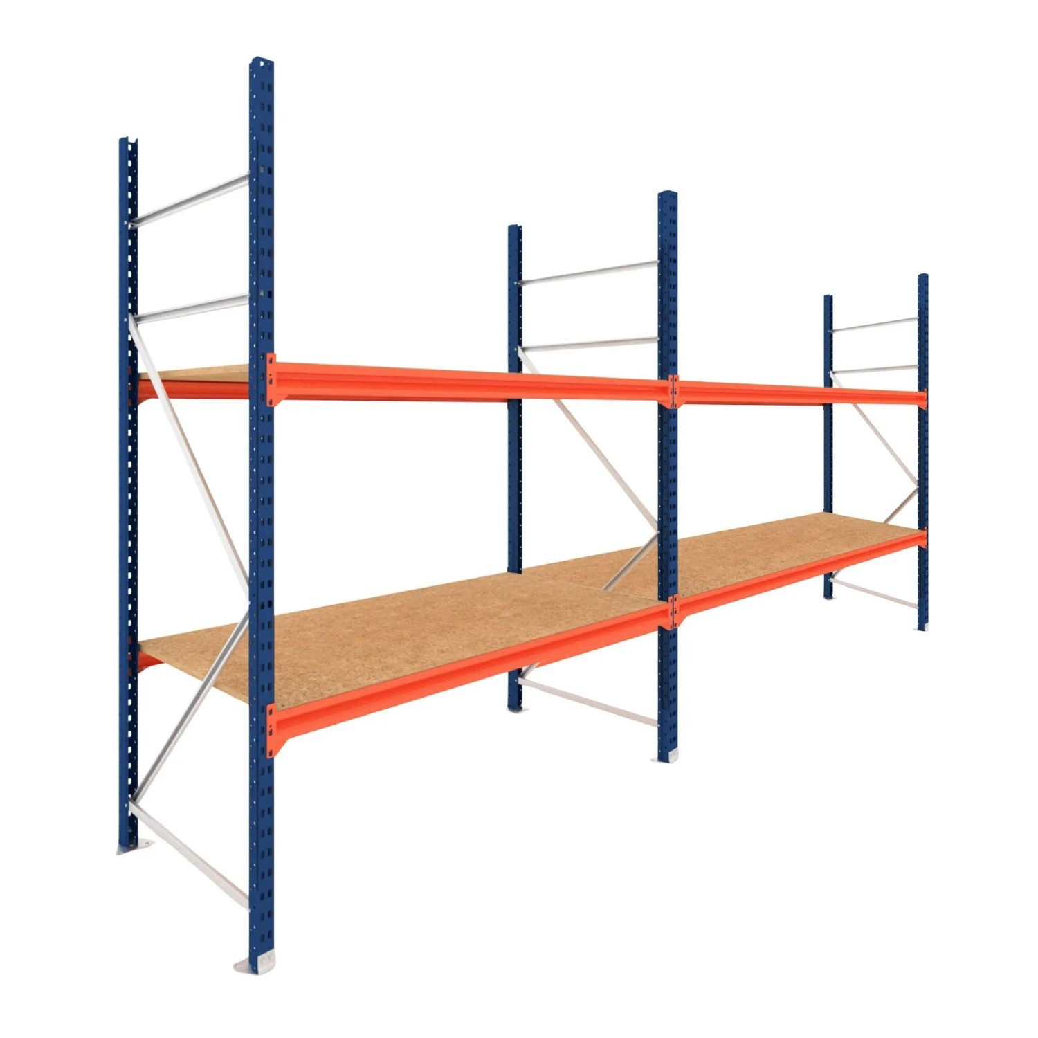 PROREGAL Weitspannregal Schwerlastregal DOMINUS Komplettregal 2 Felder 200x480x40cm 2 Ebenen Spanplatten-Fachboden Fachlast 332 kg Blau/Orange