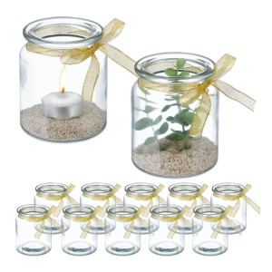Relaxdays Windlicht 12er Set Glas Transparent Gold Mit Schleife 9,5 cm x 8 cm
