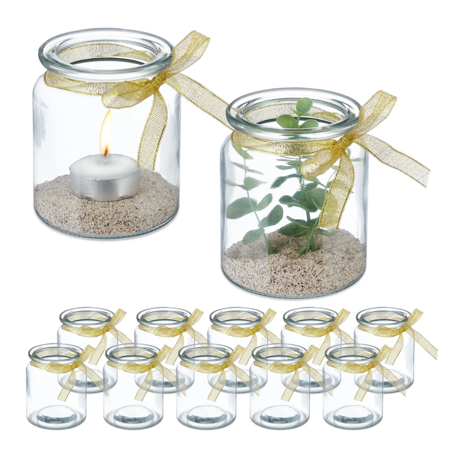 Relaxdays Windlicht 12er Set Glas Transparent Gold Mit Schleife 9,5 cm x 8 cm