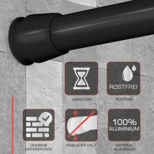 Schwarze Bomoe Neptun Duschstange (L 140-260cm) an grauer Wand, Details zu Material und Eigenschaften.
