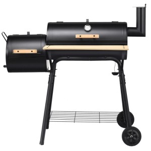 Schwarzer COSTWAY Holzkohlegrill mit Deckel, Räucherfunktion, Thermometer, Holzgriffen, Seitenablage und Rädern.