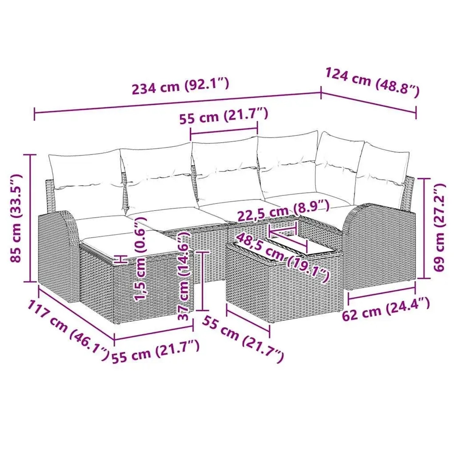Beiges 7-teiliges Garten-Sofa-Set aus Poly Rattan mit Kissen und Tisch, vidaXL Gartenmöbel.