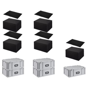 SparSet Eurobox: 5 graue Transportboxen mit Rasterschaumstoff und Schaumstoffeinlage.