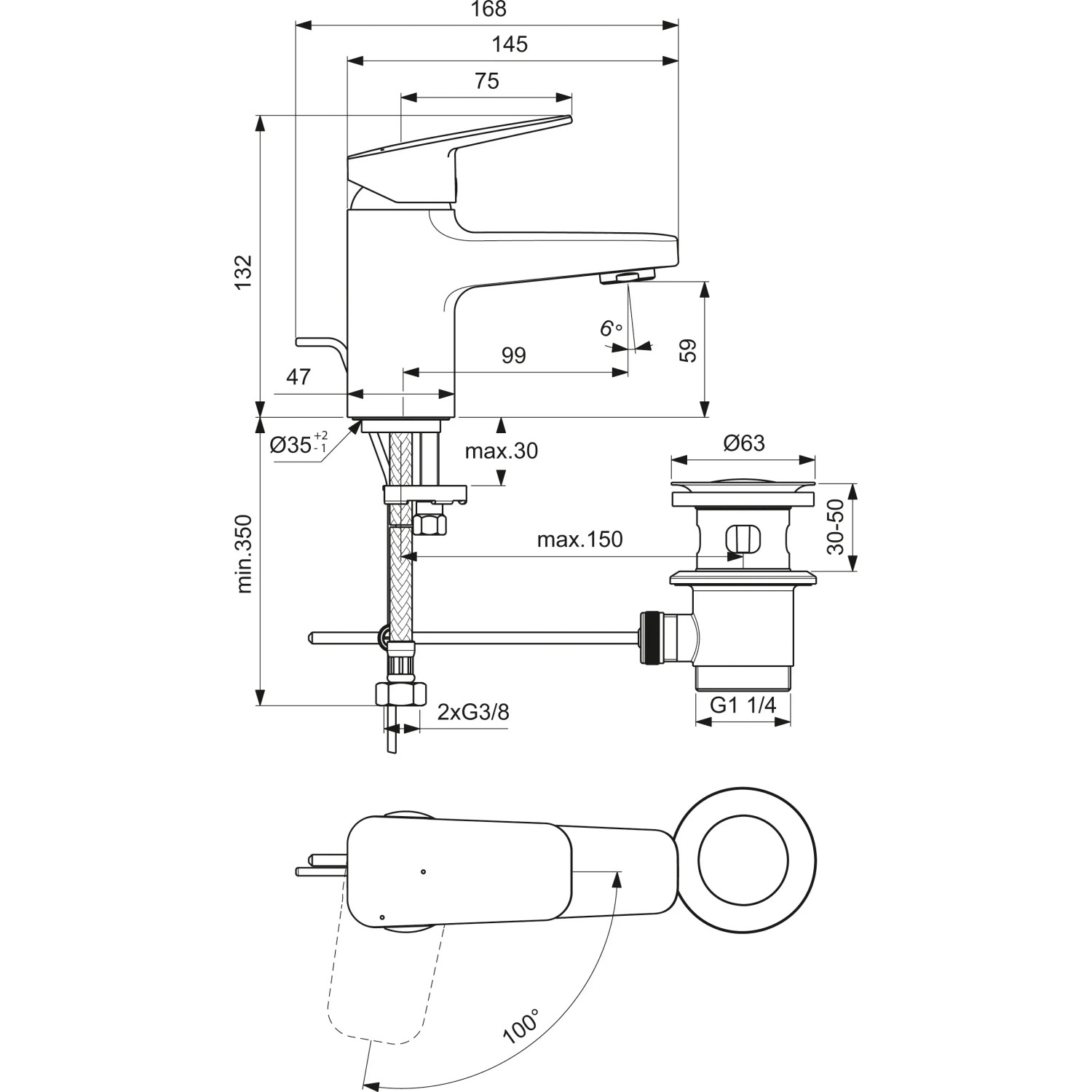 Technische Zeichnung: Ideal Standard Ceraplan Waschtischarmatur BlueStart H60 mit Maßen.