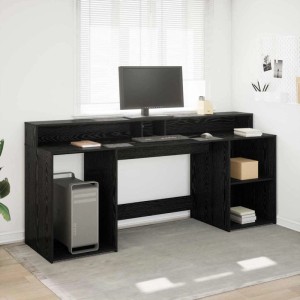Großer vidaXL Schreibtisch in schwarzer Eiche mit Holzmaserung, integriertem Stauraum, PC-Fach und LED-Beleuchtung.