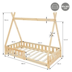 ML-Design Kinderbett Tipi 80x160cm Natur mit Rausfallschutz und Lattenrost, Maße