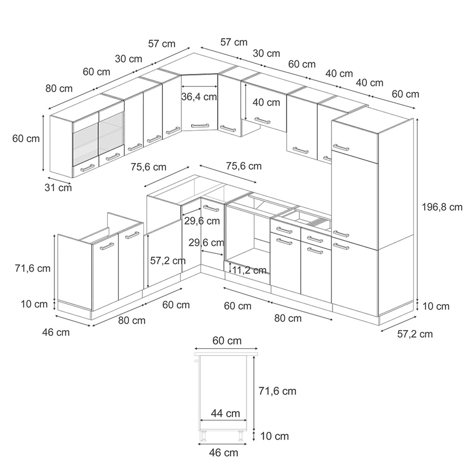 Skizze der Vicco R-Line Einbauküche in L-Form, Schwarz Beton/Anthrazit, mit Maßangaben.
