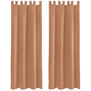 2er Set braune Dekoschals (140x145 cm) mit Schlaufen, Raffhaltern und Haken für Fenstervorhänge.