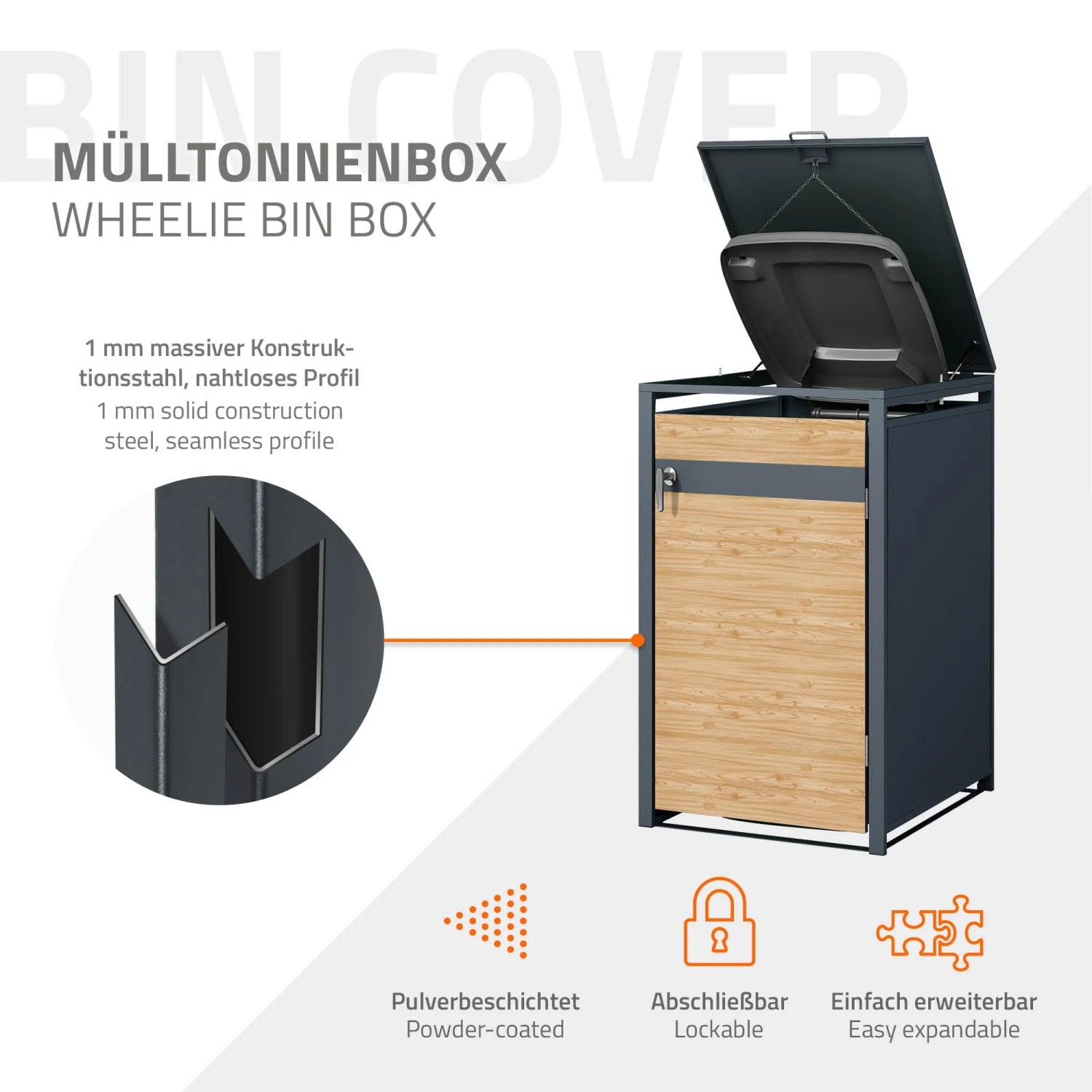 Anthrazitfarbene Mülltonnenbox mit Lärchenholz-Optik für 240L Tonne. Abschließbar und erweiterbar.
