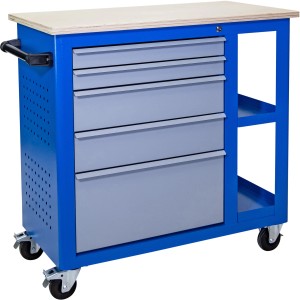 Blauer Güde Werkstattwagen GWB 05 mit Holzplatte, 5 Schubladen und Rollen.