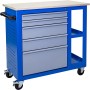 Blauer Güde Werkstattwagen GWB 05 mit Holzplatte, 5 Schubladen und Rollen.