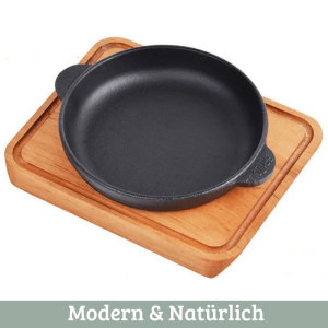DELUKE Servierpfanne Gusseisen MODI MIT HOLZUNTERSETZER 18cm Ø Gusseiserne Grillpfanne Gusspfanne Rund für Backofen Grill