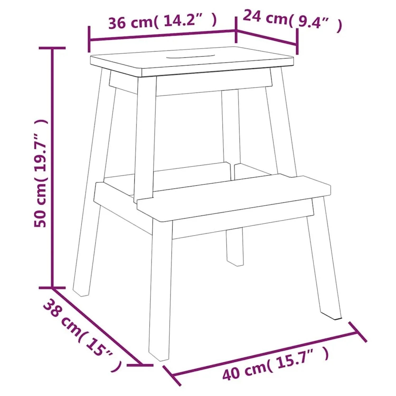 vidaXL Tritthocker aus Akazienholz mit 2 Stufen, 40x38x50 cm. Ideal als Hocker oder kleine Leiter.
