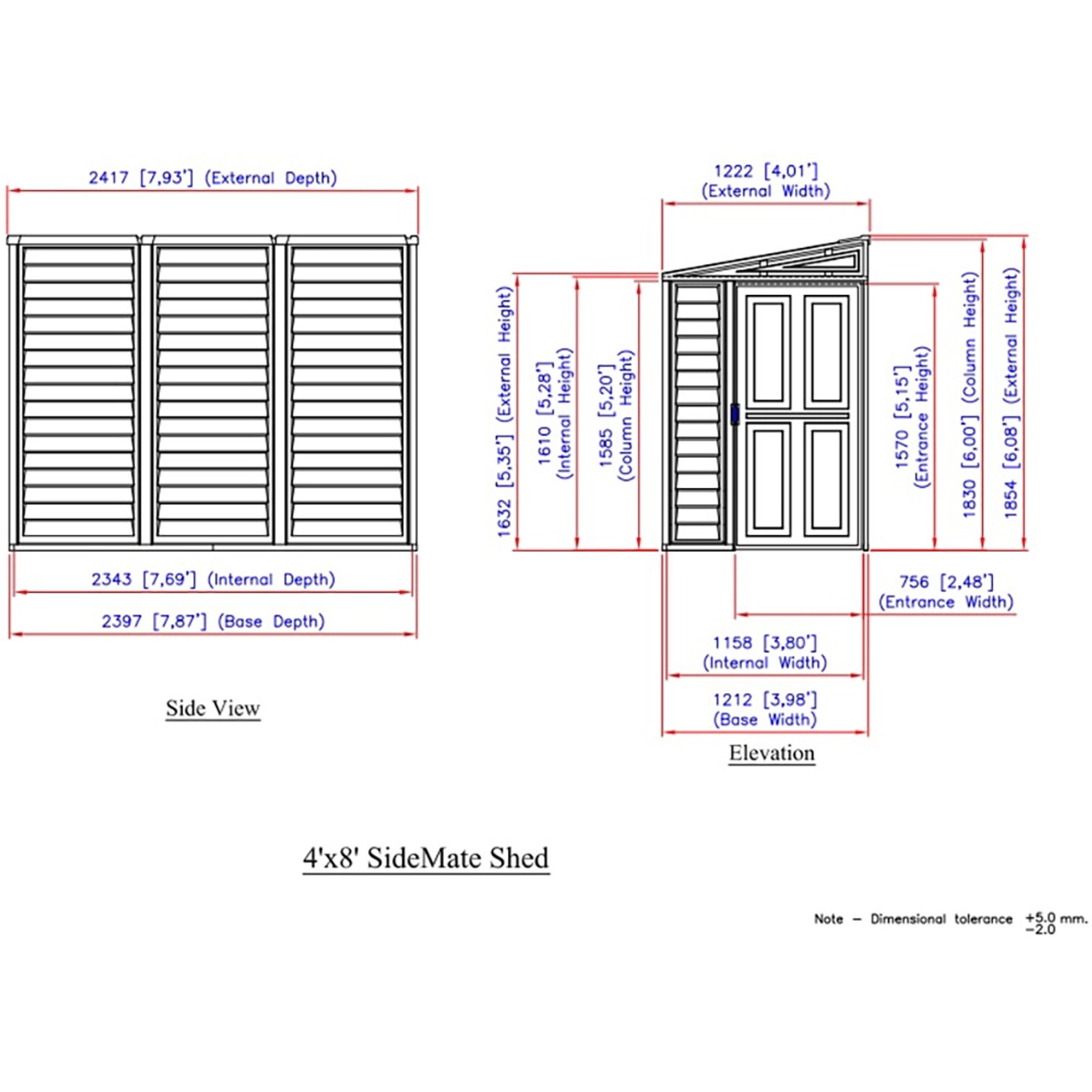 Technische Zeichnung Duramax SideMate Gerätehaus 3,6 m² mit Maßen für Fundament, Seitenansicht und Vorderansicht.