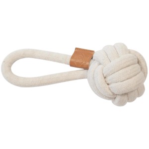 Beiger Ebi Harper Ball, ein robustes Hundespielzeug aus Baumwolle mit Griff.