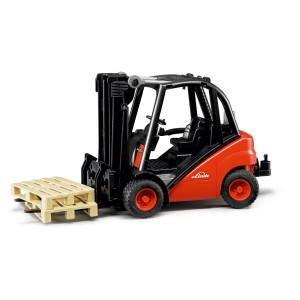 Bruder Linde Gabelstapler H30D mit 2 Paletten, ein Spielzeug-Stapler für Kinder.