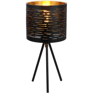 Schwarze Globo Tischleuchte Tunno mit goldenem Innenleben und Dekorstanzungen.