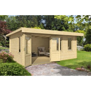 Lasita Gartenhaus Baruda 53 aus Fichte, naturbelassen, mit Doppeltür und Fenstern im Garten.