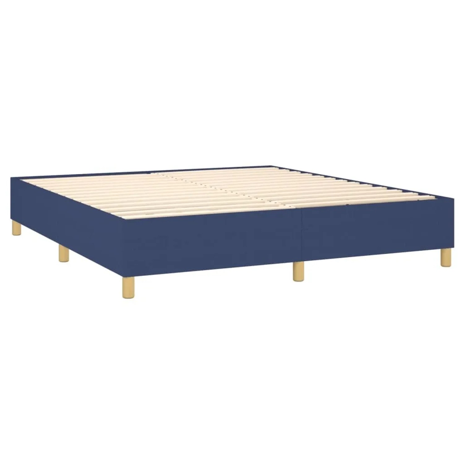 Blaues Boxspringbett 180x200 cm mit Lattenrost. Bettgestell aus Stoff mit Füßen.