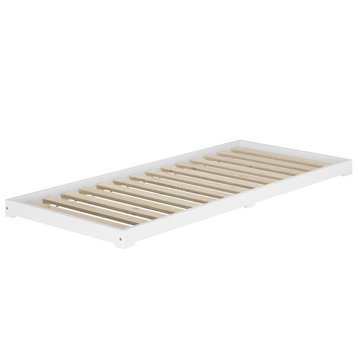 Weißes Kiefer Niedrigflurbett 80x200 cm, extra niedrig, ohne Zubehör.