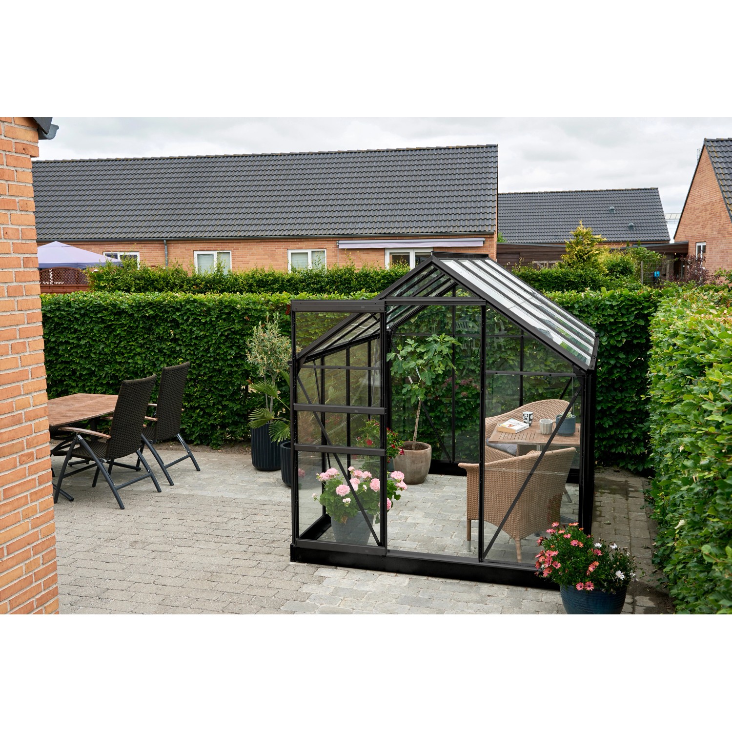 Halls Gewächshaus Popular 86, schwarzer Rahmen, 5 m², mit Pflanzen und Sitzgelegenheit im Garten.
