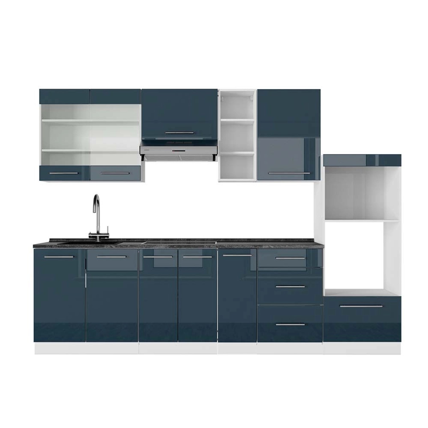 Vicco Fame-Line Küchenzeile Dunkelblau Hochglanz/Weiß 280 cm AP Anthrazit günstig online kaufen