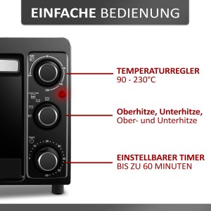 Steinborg Minibackofen SB-3015, 15 Liter, schwarz, mit Temperaturregler, Timer und verschiedenen Heizmodi.
