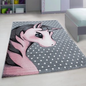 Ayyildiz Kinderteppich Kids 590 Pink, 200x290 cm, mit Einhorn-Motiv und grauen Punkten.