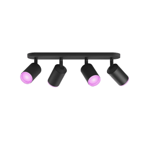 Schwarze Philips Hue Fugato Deckenleuchte mit 4 Spots, farbig beleuchtet.