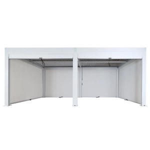 Weiße MCW Pergola L46 mit drehbaren Lamellen, Aluminiumgestell und Seitenwänden für Sonnenschutz.