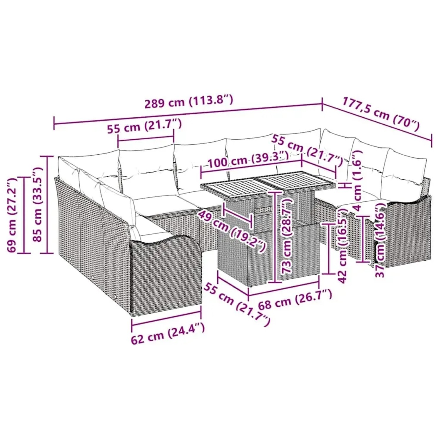 vidaXL Gartenmöbel-Set, 10-teilig, beige Poly Rattan, mit Maßen und Stauraum.