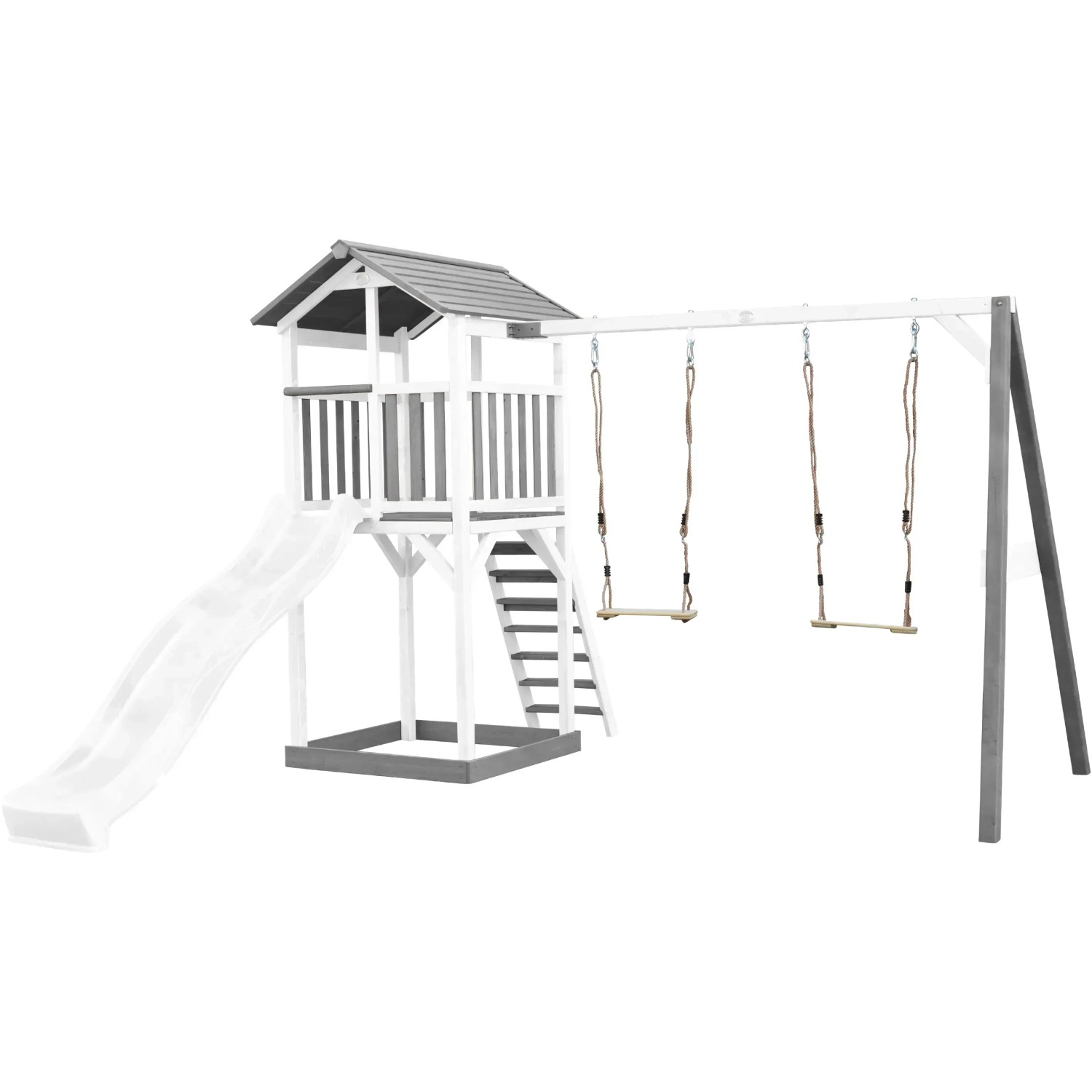 Axi Beach Tower Spielturm mit Doppelschaukel und weißer Rutsche, 349x357x242 cm.
