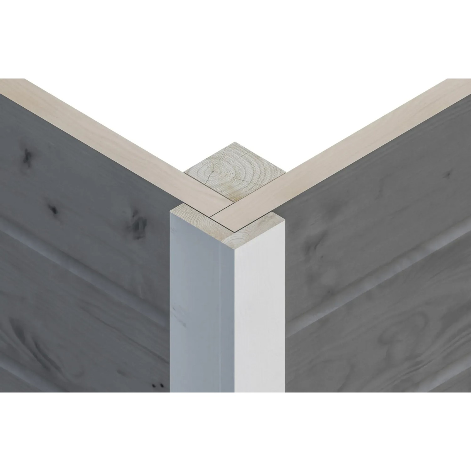 Detailaufnahme der Eckverbindung eines grauen Skan Holz Gartenhauses Namur.