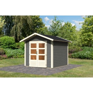 Karibu Gartenhaus Tessin 1, terragrau, mit Doppeltür, Boden und Dachschindeln. Holzhaus für den Garten.