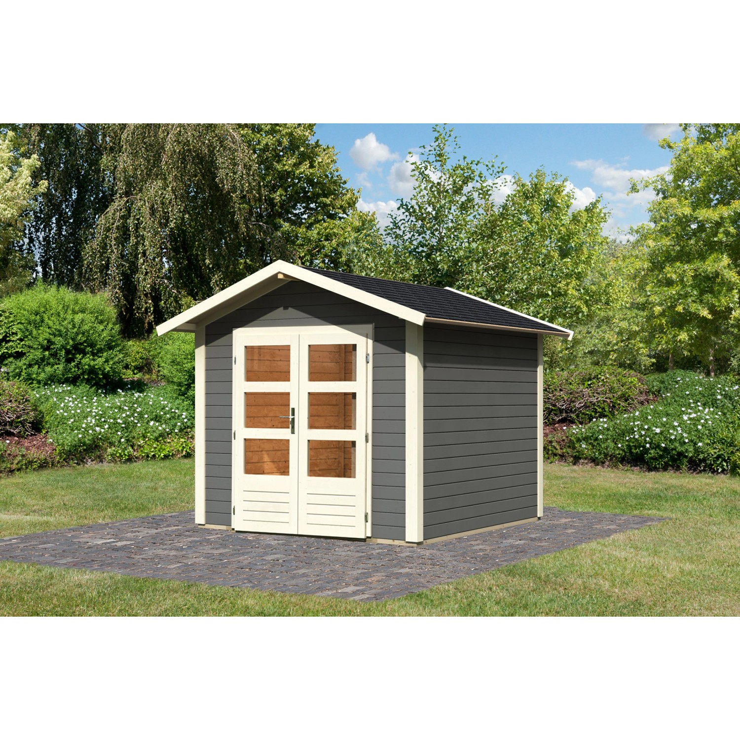 Karibu Holz-Gartenhaus Tessin 1 Terragrau 240 x 240 cm mit Boden & Dachschi günstig online kaufen