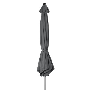 Zusammengebundener, anthrazitfarbener Doppler Marktschirm Ø 306 cm mit Kurbel.