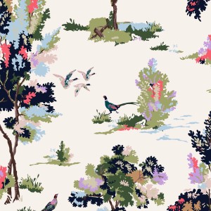 Mehrfarbige Joules Vliestapete Woodland Scene Dawn Grey mit Waldmotiv, Fasane und Enten.