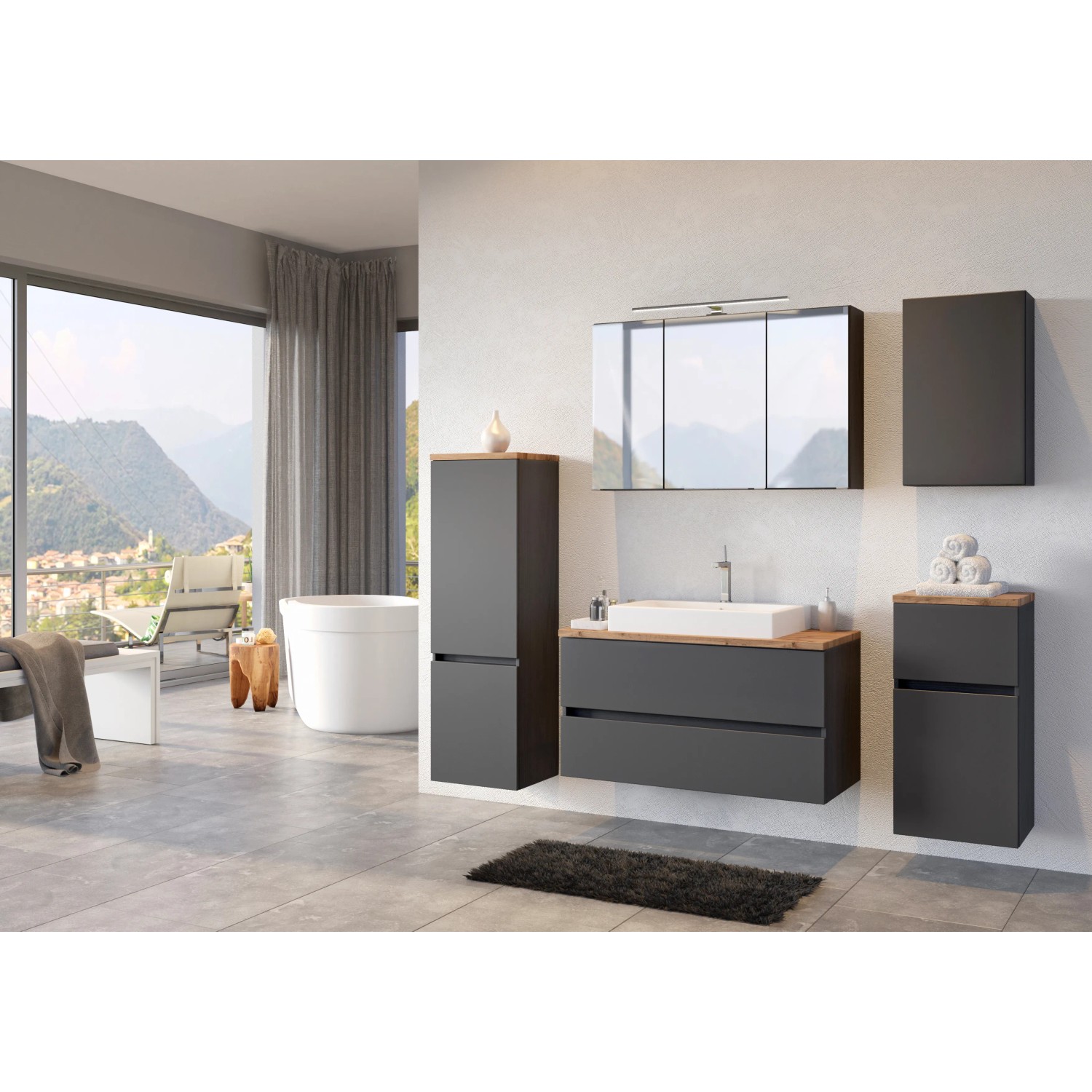 Held Möbel Einzelwaschtisch Ferrara 100 cm, grau matt, mit Softclose Funktion.