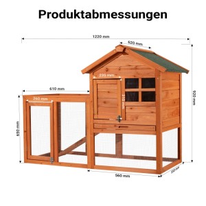 Abmessungen des Hasenstalls aus Holz mit Freilaufgehege und grünem Dach.