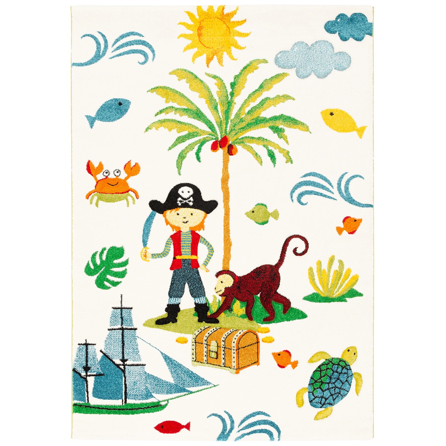 Bunter Kinderteppich mit Piratenwelt-Motiv, 160x230cm. Pergamon Maui Kids Kurzflorteppich.