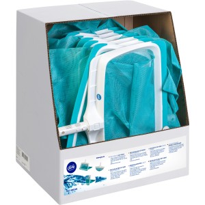 Gre Bodenkescher Großformat im Karton, Poolkescher mit blauem Netz und weißem Rahmen.
