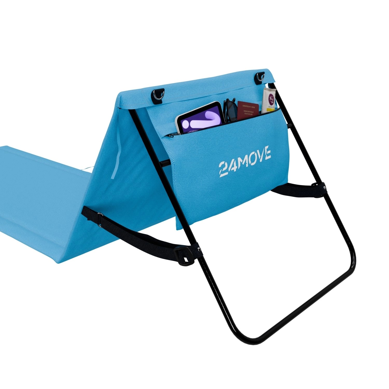 2er Set blaue 24MOVE Strandmatte mit Rückenlehne, klappbar mit Tasche und Gurt.
