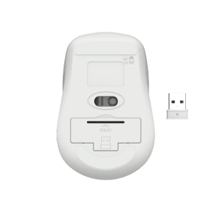 Weiße Hama Multi-Device-Maus WM-450, Unterseite mit USB-Empfänger, Bluetooth, Funk, 7 Tasten.