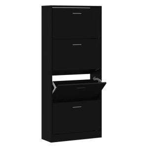 Schwarzer vidaXL Schuhschrank (63x24x147 cm) aus Holzwerkstoff mit vier Klappen.