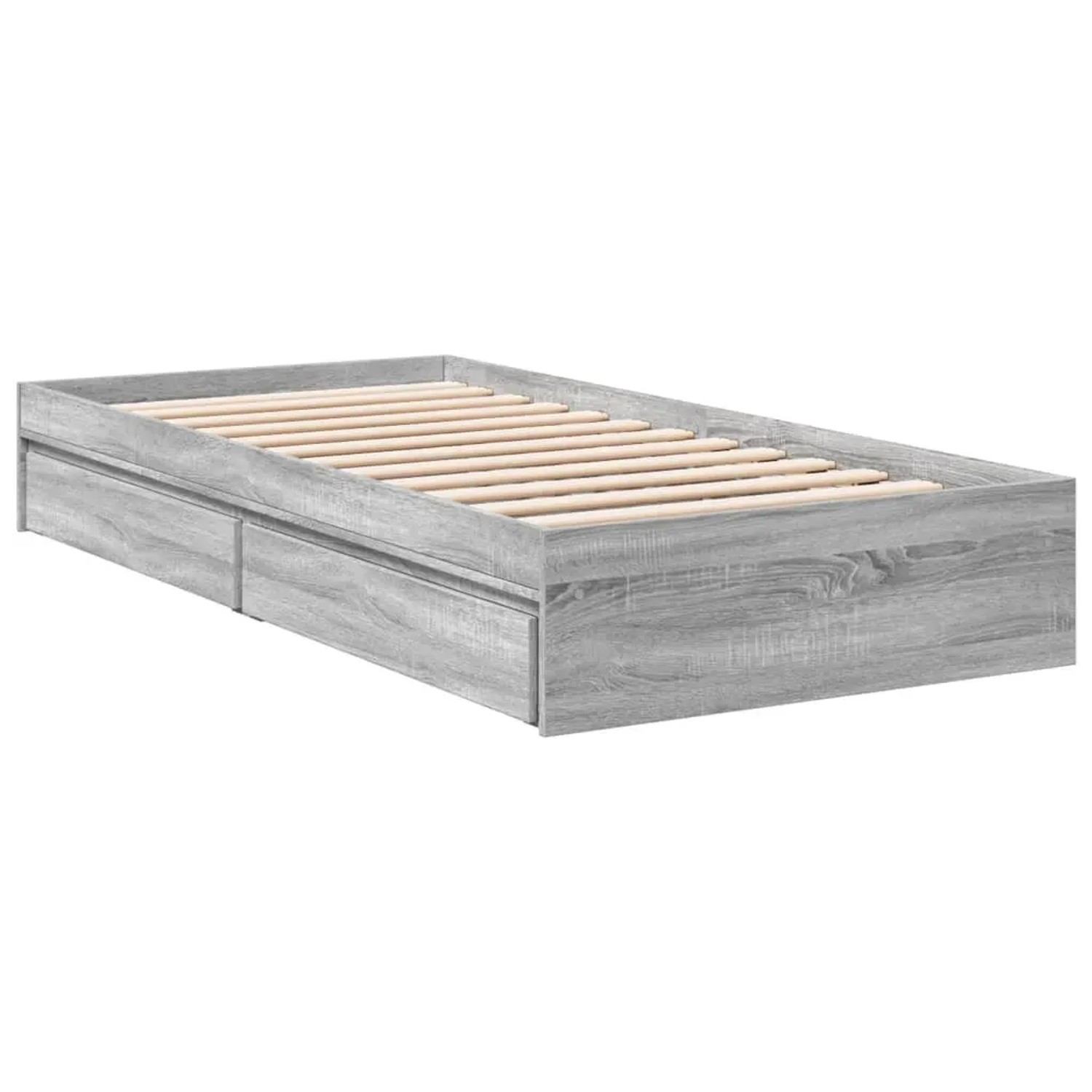 Graues Bettgestell (100x200 cm) mit Schubladen im Sonoma Holz-Design.